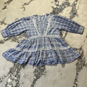 Free‎ People Tunic Top Time Out Plaid Lace Blue Deep Boho Cottagecore Peasant